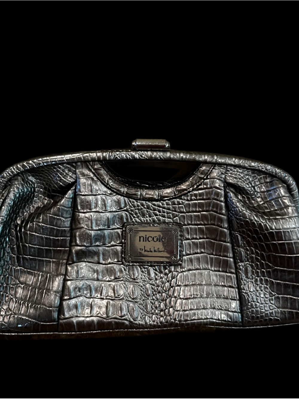 Nicole Miller Silver Metallic Croc Embossed Clutch Top Handle HOLIDAY PARTIES!